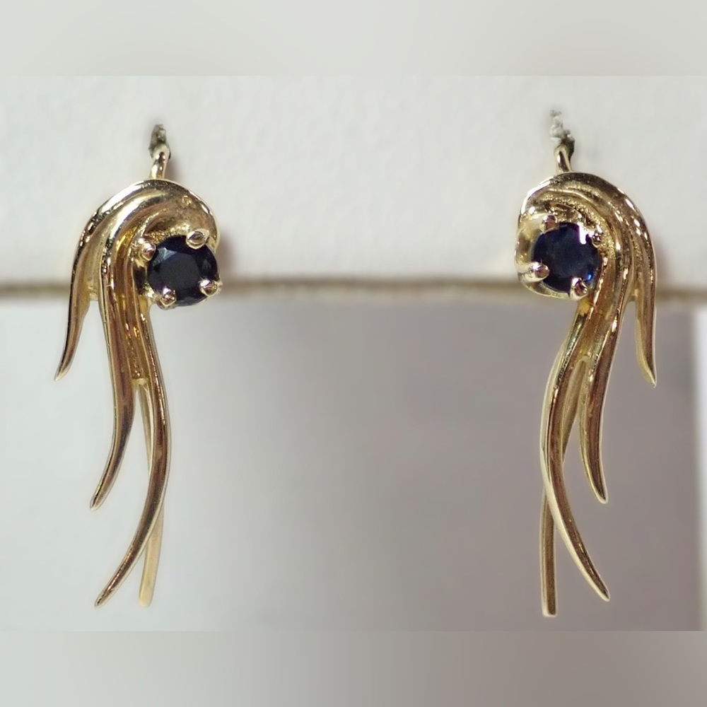 14k Yellow Gold Dangle Earrings w/ Round Sapphire Gemstones 1.78g